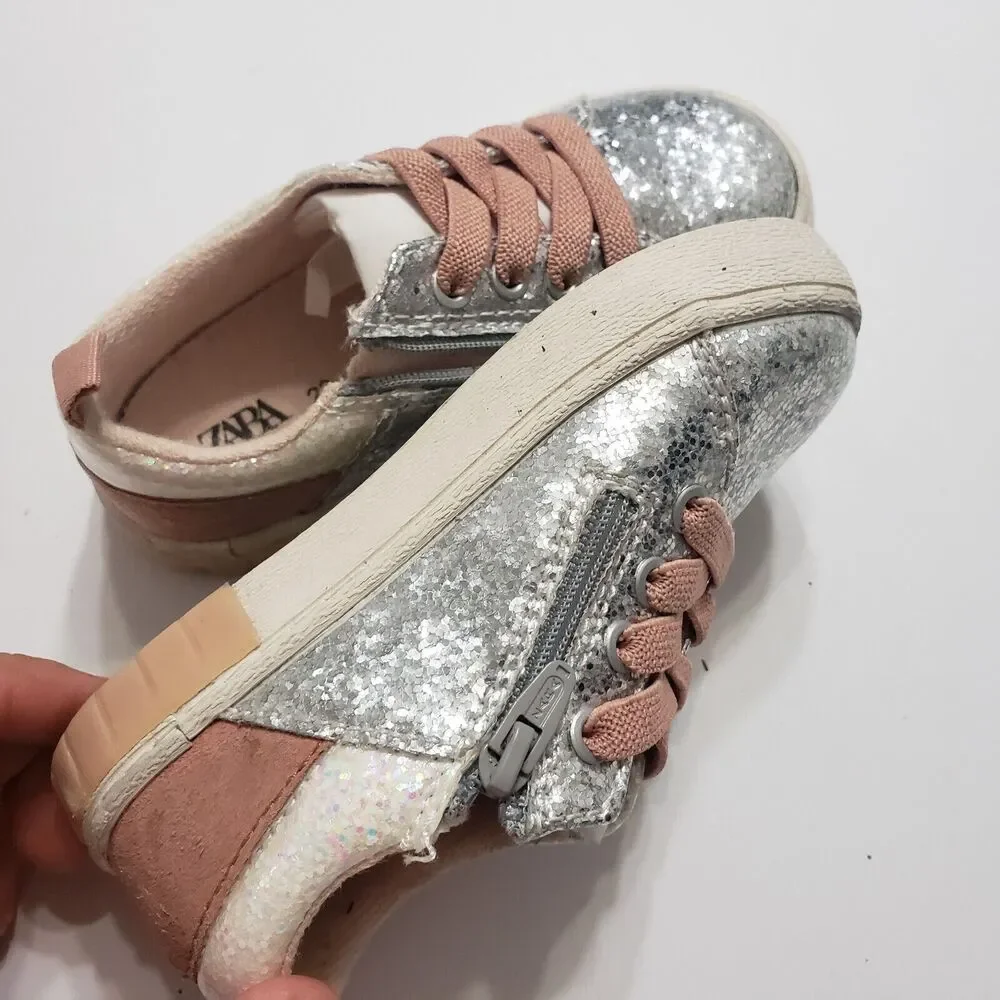 Zara Girl EU Size 23 Silver Side‎ Zipper Lace Up Low Top Shoes Sparkle Sequin